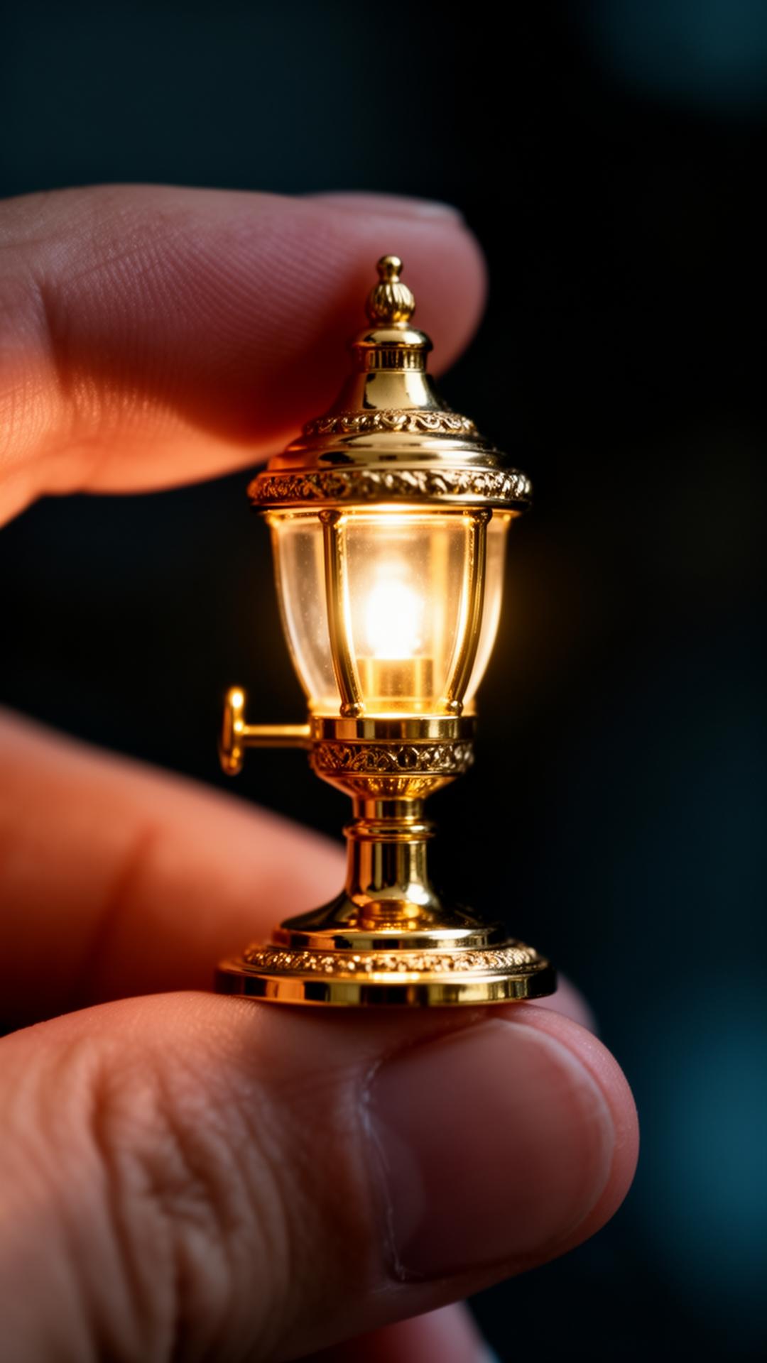 Miniature golden lamp held between fingertips